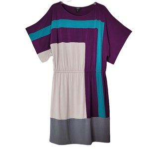 Suzi Chin Women's NWT 14 Dress Colorblock Short Sleeve Shift Teal Purple Grey